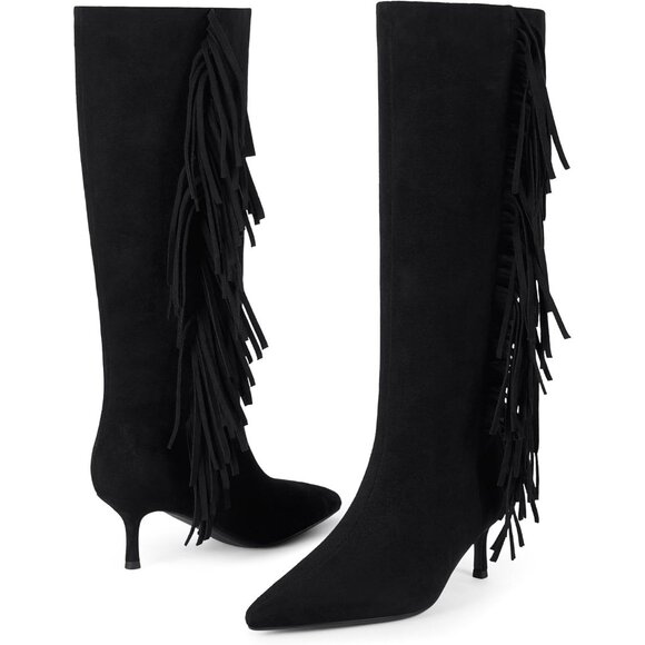 Women Suede Black Knee High Boots Kitten Heels Tall Pointed Toe Long Boots - Picture 6 of 9